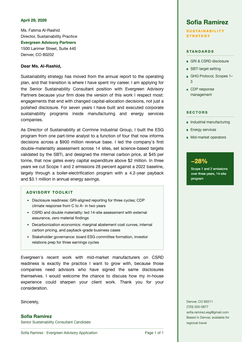 Esg sustainability cover letter